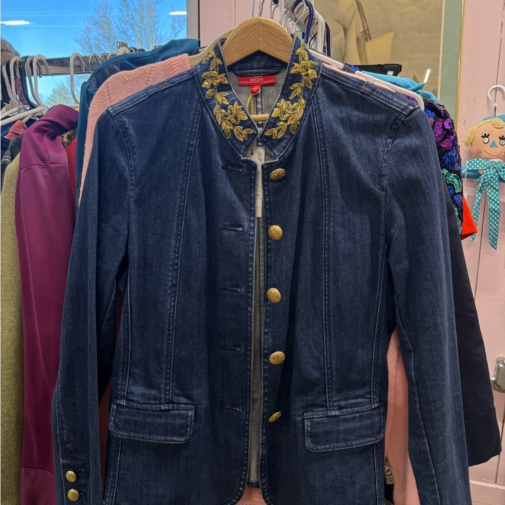 OSCAR DE LA RENTA Embroidered Denim Jacket with Gold Accents